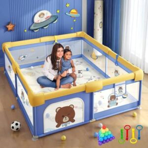 MONSTECH Large Baby Playpen 150x180cm Pit Balls Playpen for Baby up to 5 Years with Anti-Fall Rings, Safety Lock, Breathable Mesh, Kids Activity Center Play Pen (180 * 150-Blue)