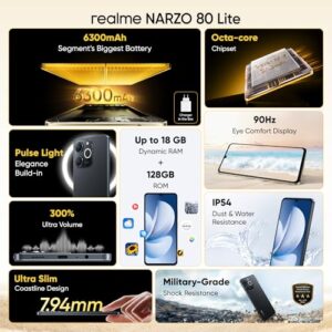 realme NARZO 80 Lite 4G (Obsidian Black, 6GB+128GB) | 6300mAh Segment's Biggest Battery | 7.94mm Slim Design | 300% Ultra Volume | Pulse Light: 9 Colors, 5 Glow Modes | Ai Assist