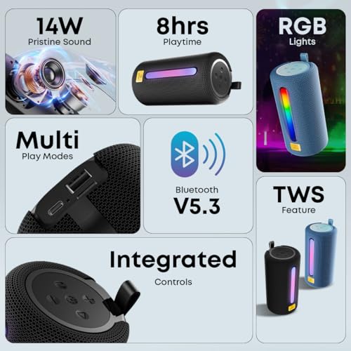 pTron Fusion Buzz 14W Bluetooth Speaker with Pristine Sound, 8hrs Playback, Rhythmic RGB LEDs, Multi-Play Modes BT5.3/TF Card/USB, TWS Feature, Integrated Button Controls, Type-C Charging (Black) - Image 2