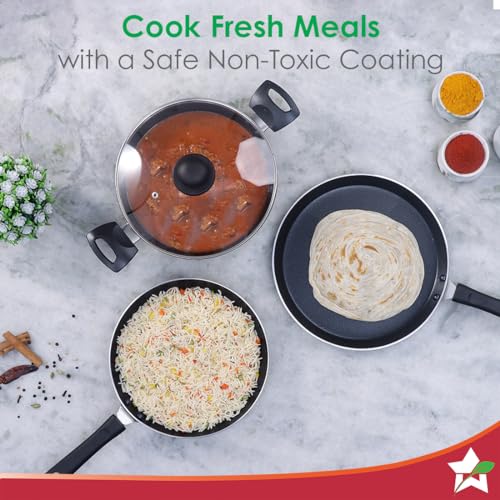 Wonderchef Valencia Non-Stick Cookware 4 Piece Set | Kadhai with Lid 24 cm, Fry Pan 24 cm, Dosa Tawa 28 cm | Pure Grade Aluminium| PFOA Free| 2 Years Warranty | Black - Image 7