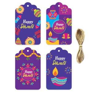 weRevel Happy Diwali Gift Tags, 20 Premium Festive Tags with String, 4 Unique and Vibrant Designs - 350 GSM, Gloss Finish, 10 cm x 6 cm, with String