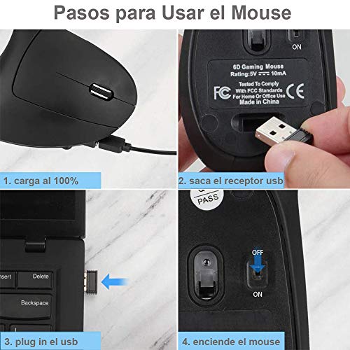 DQST Rechargeable Ergonomic Wireless Mouse, 2.4Ghz Optical Vertical Mouse with 3 Adjustable DPIs, 6 Buttons Design with USB Receiver, Compatible with Windows and Mac System(Black) - Image 7