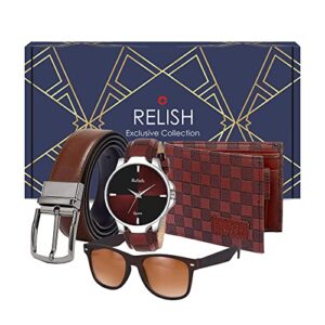 Relish Analogue Men's & Boy's Watch, Belt, Sunglasses and Wallet Combo for Gifts Brown | Diwali Gift | Gift for Mens
