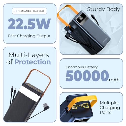 Onelife 50000mAh Power Bank with 22.5W Fast Charging, 7 Outputs, Built-in Cables, LED Light, Digital Display – Not for Air Travel - Image 3