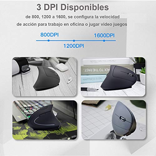 DQST Rechargeable Ergonomic Wireless Mouse, 2.4Ghz Optical Vertical Mouse with 3 Adjustable DPIs, 6 Buttons Design with USB Receiver, Compatible with Windows and Mac System(Black) - Image 6