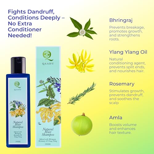 QAADU Natural Hair Shampoo | Herbal Formula with Bhringraj, Rosemary & Ylang Ylang | Sulphate & Paraben Free | Ideal for Thin, Dry, and Damage-Prone Hair | Nourishing & Anti-Dandruff | 200ml - Image 3