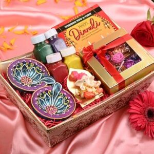 Diwali gifts for family and friends/diwali gift hamper/diwali gifts-Handcrafted chocolates in a box+2 earthern diyas+4 jars of rangoli colours+Ganesha idol+deepawali greeting card