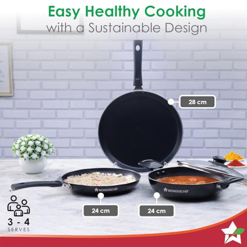 Wonderchef Valencia Non-Stick Cookware 4 Piece Set | Kadhai with Lid 24 cm, Fry Pan 24 cm, Dosa Tawa 28 cm | Pure Grade Aluminium| PFOA Free| 2 Years Warranty | Black - Image 6