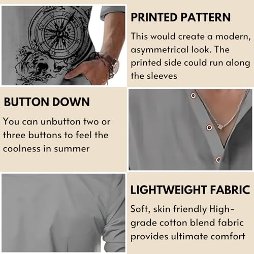 DEELMO Men's Cotton Blend Mandarin Collar Regular Fit Full Sleeve Casual Short Kurta, Grey, XL - Image 3