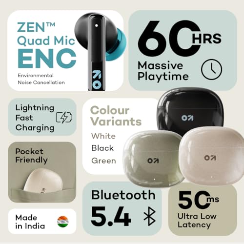 GOBOULT W60 True Wireless in Ear Earbuds 60H Playtime, ZEN Quad Mic ENC, 50ms Xtreme Low Latency, Made in India, Type-C Fast Charging, 13mm Driver, IPX5 Combat Gaming mode,TWS Ear Buds Wireless(Green) - Image 2