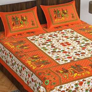 EarlyMart Cotton Rajasthani Jaipuri Traditional Floral King Size Double Bedsheet With 2 Pillow Covers (Orange-2),144 TC