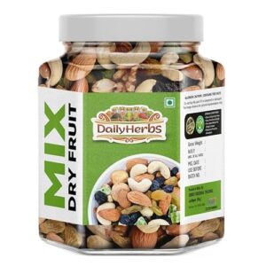 DailyHerbs Mix Dry Fruit 250gm | Dried Almonds, Black Raisins, Cashewnuts, Cranberries, Black Dates & Many More | High Energy Dry Nut Snacks | Festive Gift | Jar Pack