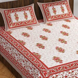 EarlyMart Cotton Rajasthani Jaipuri Traditional Floral King Size Double Bedsheet with 2 Pillow Covers (Brown)