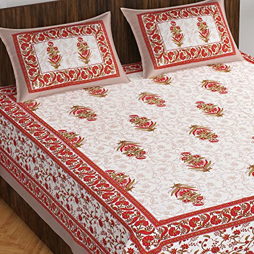 EarlyMart Cotton Rajasthani Jaipuri Traditional Floral King Size Double Bedsheet with 2 Pillow Covers (Brown)
