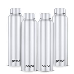 PEXPO Chromo 1000 ISI Certified Stainless Steel Sports/Fridge Water Bottle, 950ml, Silver Pack of 4 | BPA Free | Water Bottle for Office, Gym, School, Yoga, Trekking, Men, Women and Kids