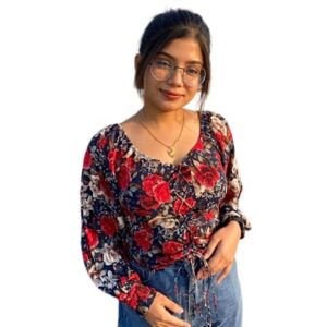 Adicto hub Front Knot Lantern Sleeves Top, Floral, XL