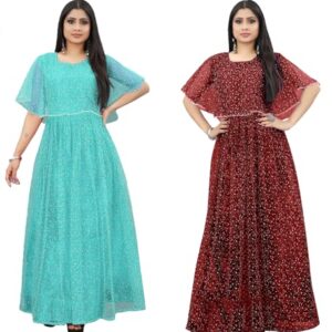 3Buddy Fashion Women's Fit and Flare Maxi Net and Silk Semi-Stitched Gown (Sky-Maroon)