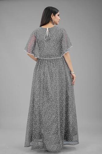 3Buddy Fashion Women's Fit and Flare Maxi Net and Silk Semi-Stitched Gown (Grey-Peach) - Image 2