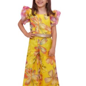 AJ DEZINES Kids Cotton Half Sleeve Co-ords Set for Girls - Casual Outfit |Vacation Wear |Beach Dress |Organza Printed Top Pant for girls - Regular Fit (G-CO-2018-YELLOW-20)