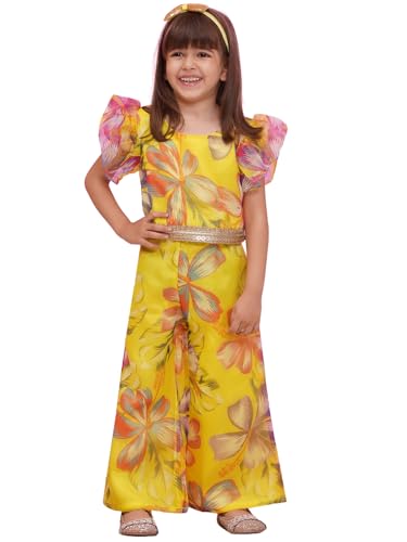 AJ DEZINES Kids Cotton Half Sleeve Co-ords Set for Girls - Casual Outfit |Vacation Wear |Beach Dress |Organza Printed Top Pant for girls - Regular Fit (G-CO-2018-YELLOW-20)