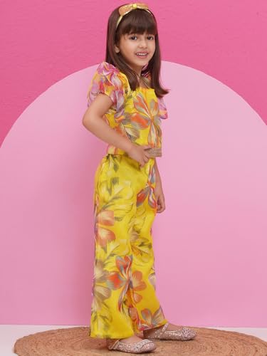 AJ DEZINES Kids Cotton Half Sleeve Co-ords Set for Girls - Casual Outfit |Vacation Wear |Beach Dress |Organza Printed Top Pant for girls - Regular Fit (G-CO-2018-YELLOW-20) - Image 5