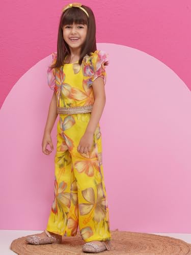 AJ DEZINES Kids Cotton Half Sleeve Co-ords Set for Girls - Casual Outfit |Vacation Wear |Beach Dress |Organza Printed Top Pant for girls - Regular Fit (G-CO-2018-YELLOW-20) - Image 4
