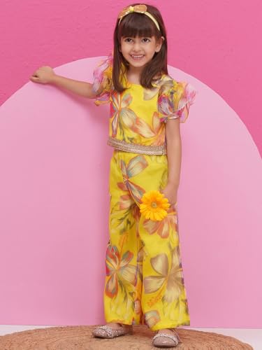 AJ DEZINES Kids Cotton Half Sleeve Co-ords Set for Girls - Casual Outfit |Vacation Wear |Beach Dress |Organza Printed Top Pant for girls - Regular Fit (G-CO-2018-YELLOW-20) - Image 9