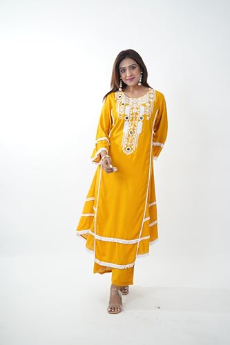 KIAASA Silk Blend 2-Piece Printed Kurta Pant Set For Women & Girls | Elegant Ethnic Outfit For Weddings, Parties, Pooja & Festivals | Stylish And Comfortable Traditional Dress (Yellow 2Xl) - Image 6