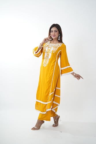 KIAASA Silk Blend 2-Piece Printed Kurta Pant Set For Women & Girls | Elegant Ethnic Outfit For Weddings, Parties, Pooja & Festivals | Stylish And Comfortable Traditional Dress (Yellow 2Xl) - Image 5