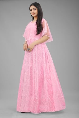 3Buddy Fashion Women's Fit and Flare Maxi Net and Silk Semi-Stitched Gown (Grey-Peach) - Image 5