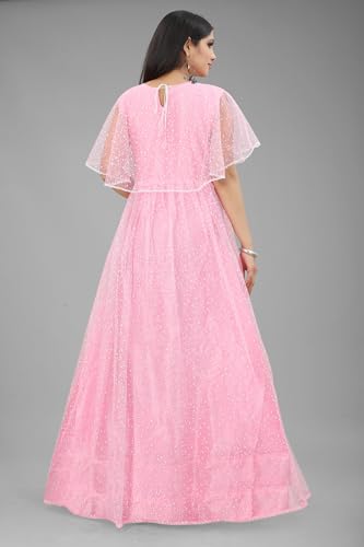3Buddy Fashion Women's Fit and Flare Maxi Net and Silk Semi-Stitched Gown (Grey-Peach) - Image 3