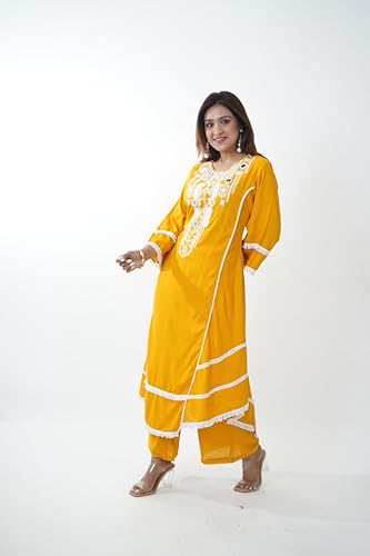 KIAASA Silk Blend 2-Piece Printed Kurta Pant Set For Women & Girls | Elegant Ethnic Outfit For Weddings, Parties, Pooja & Festivals | Stylish And Comfortable Traditional Dress (Yellow 2Xl) - Image 3
