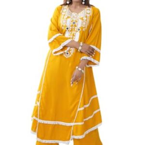 KIAASA Silk Blend 2-Piece Printed Kurta Pant Set For Women & Girls | Elegant Ethnic Outfit For Weddings, Parties, Pooja & Festivals | Stylish And Comfortable Traditional Dress (Yellow 2Xl)