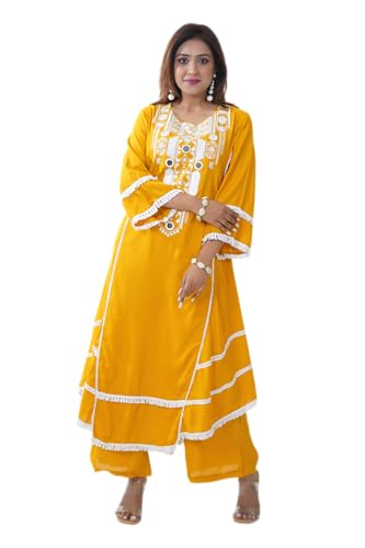 KIAASA Silk Blend 2-Piece Printed Kurta Pant Set For Women & Girls | Elegant Ethnic Outfit For Weddings, Parties, Pooja & Festivals | Stylish And Comfortable Traditional Dress (Yellow 2Xl)