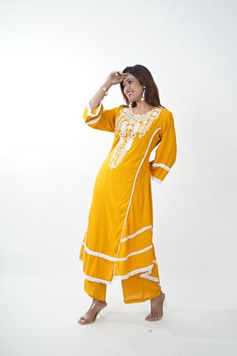 KIAASA Silk Blend 2-Piece Printed Kurta Pant Set For Women & Girls | Elegant Ethnic Outfit For Weddings, Parties, Pooja & Festivals | Stylish And Comfortable Traditional Dress (Yellow 2Xl) - Image 4