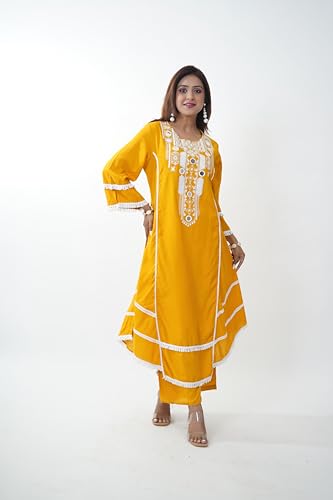 KIAASA Silk Blend 2-Piece Printed Kurta Pant Set For Women & Girls | Elegant Ethnic Outfit For Weddings, Parties, Pooja & Festivals | Stylish And Comfortable Traditional Dress (Yellow 2Xl) - Image 2