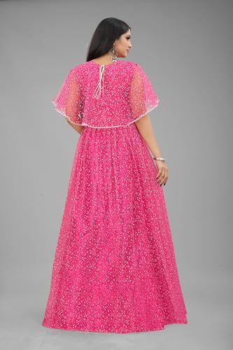3Buddy Fashion Women's Fit and Flare Maxi Net and Silk Semi-Stitched Gown (Pink-Grey) - Image 2