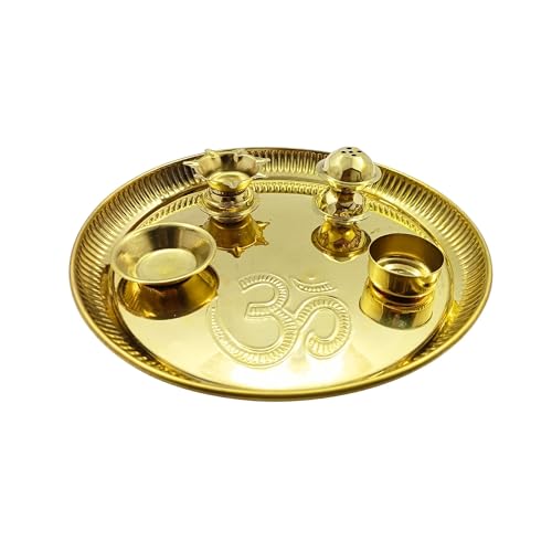 Elegance Decor Brass Pooja Aarti Thali Set with Om Symbol and Accessories | Traditional Puja Essentials for Diwali Home Office Wedding Gift Items (Large)