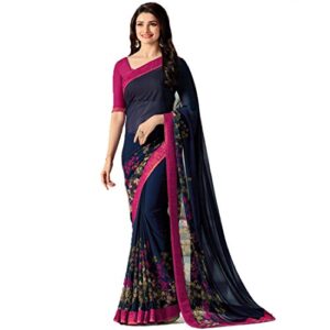 RAJESHWAR FASHION WITH RF Women's Floral Printed Georgette Sarees For Women With Jacquard Lace Border & Blouse(A15 BLUE PINK NEW_Multicolored_Free Size 6.30 Mtr)