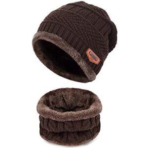HRBS Unisex Winter Knit/Knitted Neck Warmer Scarf and Set Skull Cap for Men/Women Winter Cap/Hat (2 Piece Combo) Color- Brown, Free Size