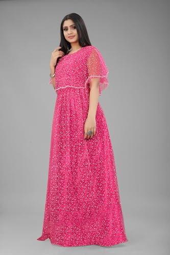 3Buddy Fashion Women's Fit and Flare Maxi Net and Silk Semi-Stitched Gown (Pink-Grey) - Image 4