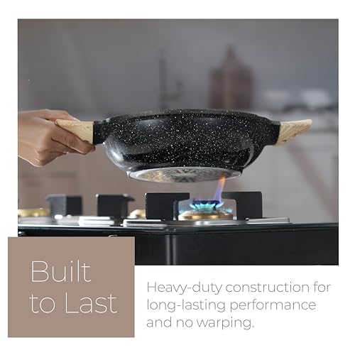 Lifelong 3 Piece Die-Cast Cookware Set With Common Lid & Wooden Spatula| 2.2L Kadhai with Lid 24cm |1.4L Fry Pan 24cm| 1.2L Tawa 28cm| Induction & Gas Compatible |Non-Riveted Handle |Non-Stick Coating - Image 5