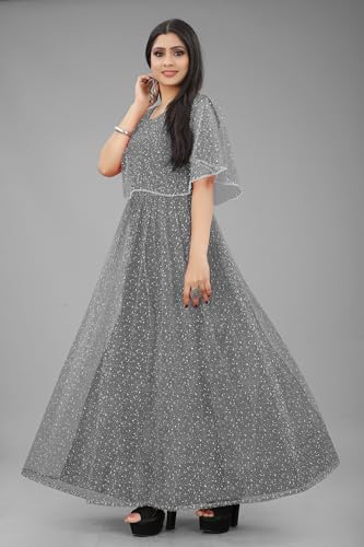 3Buddy Fashion Women's Fit and Flare Maxi Net and Silk Semi-Stitched Gown (Pink-Grey) - Image 5