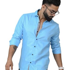 DEELMO Men's Regular Fit Cotton Blend Full Sleeves Solid Casual Shirt Blue
