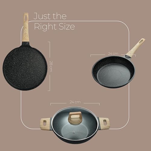 Lifelong 3 Piece Die-Cast Cookware Set With Common Lid & Wooden Spatula| 2.2L Kadhai with Lid 24cm |1.4L Fry Pan 24cm| 1.2L Tawa 28cm| Induction & Gas Compatible |Non-Riveted Handle |Non-Stick Coating - Image 4