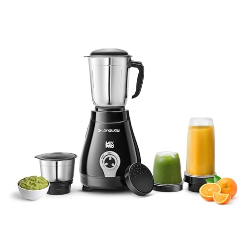 Longway Mix Pro 550 Watt Mixer Grinder with 4 Jars for Grinding, Mixing, Blending, Juicing with Powerful Motor (Black & Gray,4 Jars)