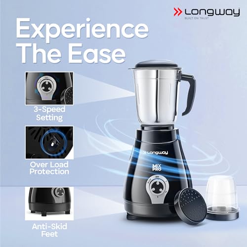 Longway Mix Pro 550 Watt Mixer Grinder with 4 Jars for Grinding, Mixing, Blending, Juicing with Powerful Motor (Black & Gray,4 Jars) - Image 4