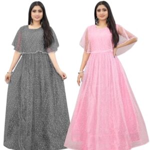 3Buddy Fashion Women's Fit and Flare Maxi Net and Silk Semi-Stitched Gown (Grey-Peach)