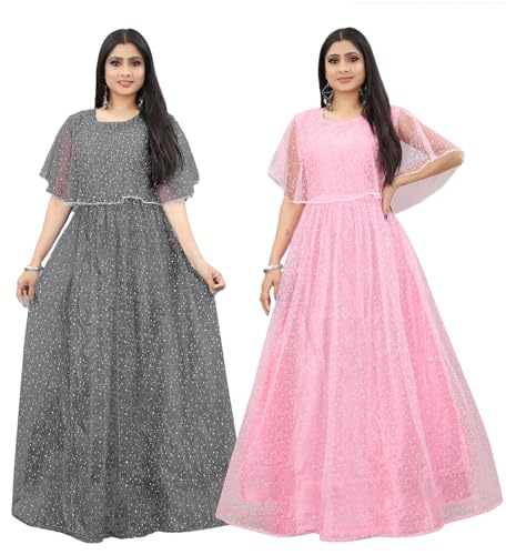 3Buddy Fashion Women's Fit and Flare Maxi Net and Silk Semi-Stitched Gown (Grey-Peach)