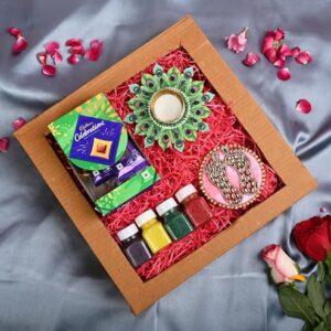 Diwali gifts for employees/diwali gift hamper/diwali gift/gift set-Box of Cadbury Celebration+Lakshmi charan paduka+designer diya+4 rangoli colours+diwali greeting card